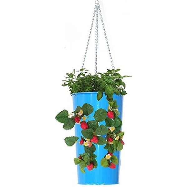 Houston International Trading Houston International Trading 8395E B 7 in. x 12 in. Enameled Galvanized Hanging Strawberry; Floral Planter - Blue 8395E B - main